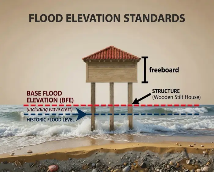 Flood elevation standards illustrated: a stilt structure above the Base Flood Elevation, showing freeboard above BFE and the historic flood level below