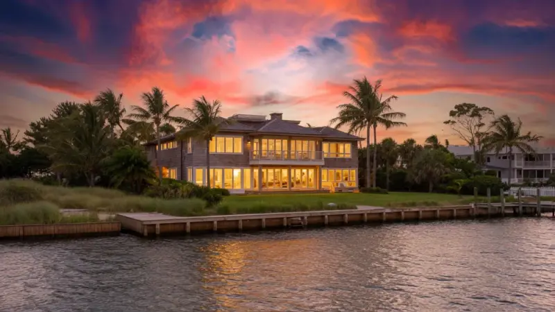 A waterfront home on Long Island's South Shore at sunset, seen across the water at the bulkhead line